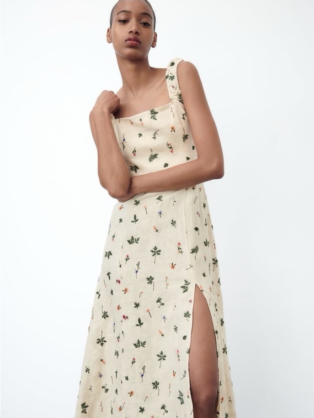 Cream Embroidered Floral Square-Neck Maxi Dress with Side Slit